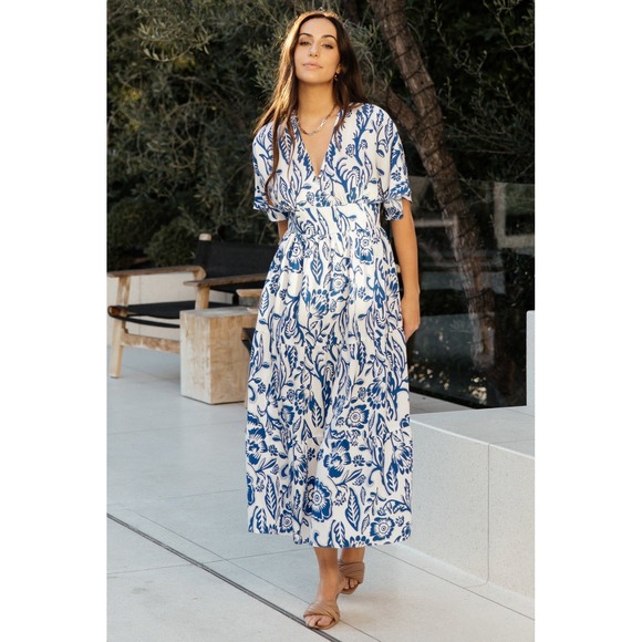 Baltic Born Floral Print Midi‎ Dress V-Neck Short Sleeve White Blue 2XL - Picture 1 of 5